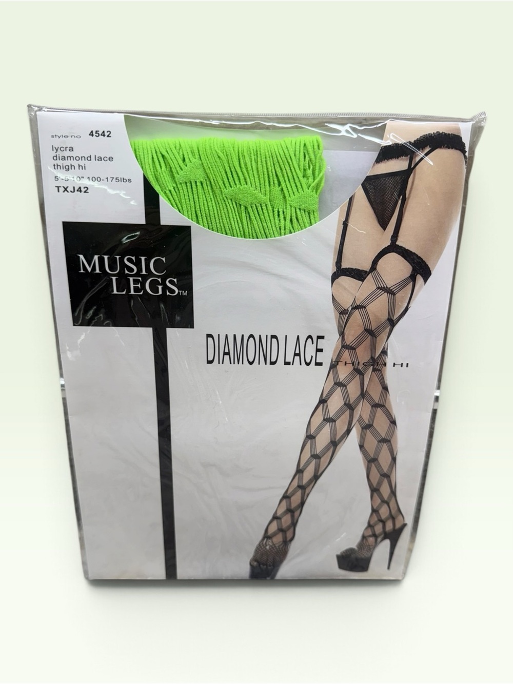Music Legs Lycra Diamond Lace Thigh Hi Garterbelt Stockings 4542 Lime 100-175lbs
